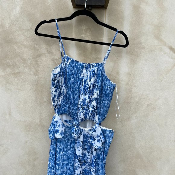 Amur Holland Tie Pleated Chiffon Maxi Spaghetti Strap Dress Blue Floral Print - Picture 6 of 13